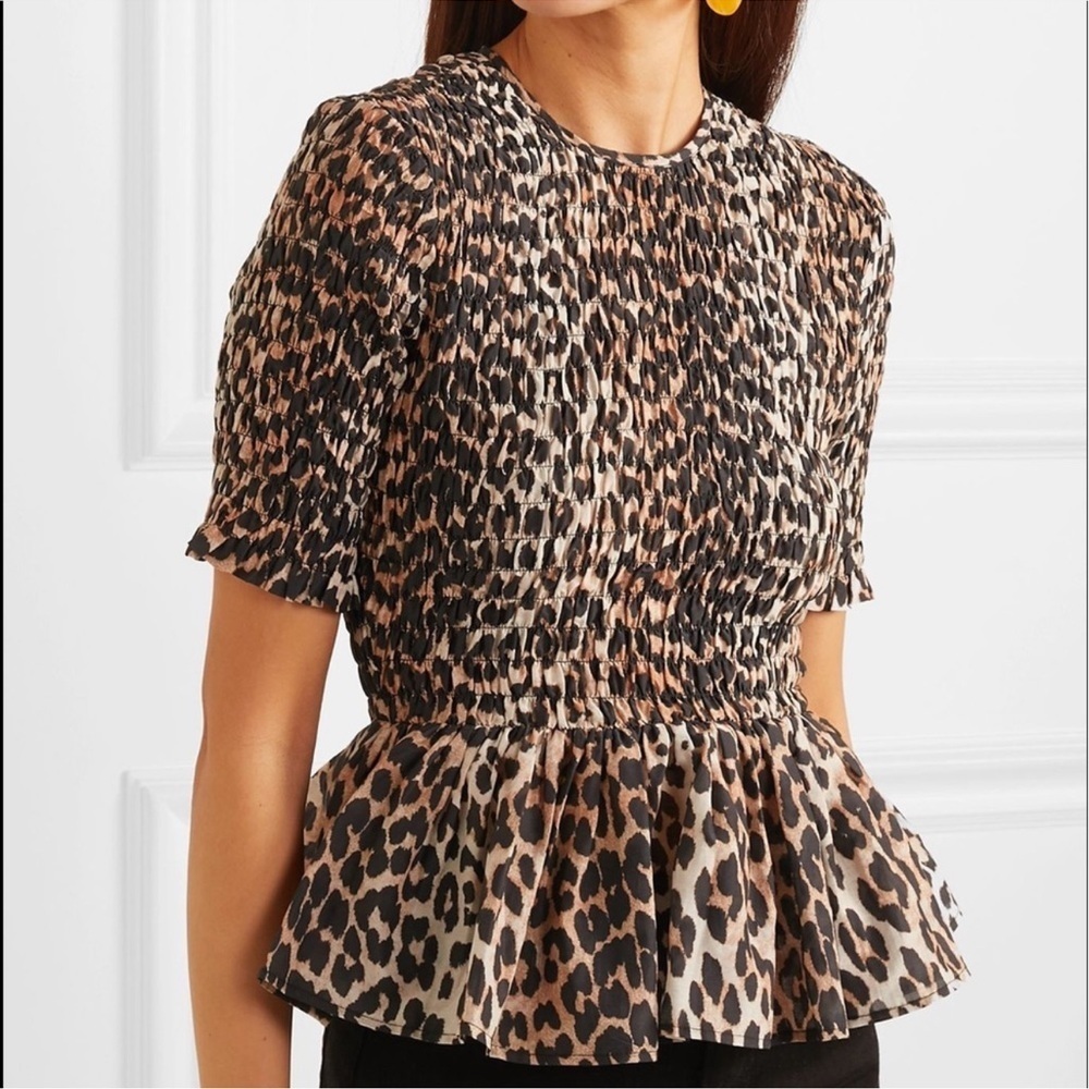 GANNI Leo Leopard Print Smocked Peplum Blouse Sz 36 / US 4 Cotton Silk Top